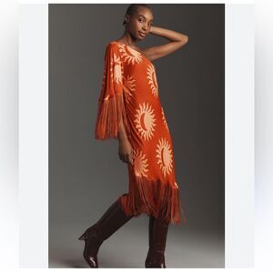 Farm Rio x Anthropologie One-Shoulder A-Line Fringe Mini Dress Honey 🍯